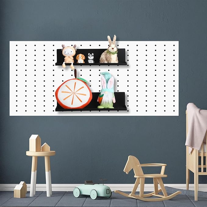 Therwen 4 Pack Magnetic Pegboard Shelves Wall Organizer Metal Pegboard Shelf Steel Tray Accessories Organizing Tools for Craft Home Kitchen(16 x 4.7 x 3.5 Inches,Black)