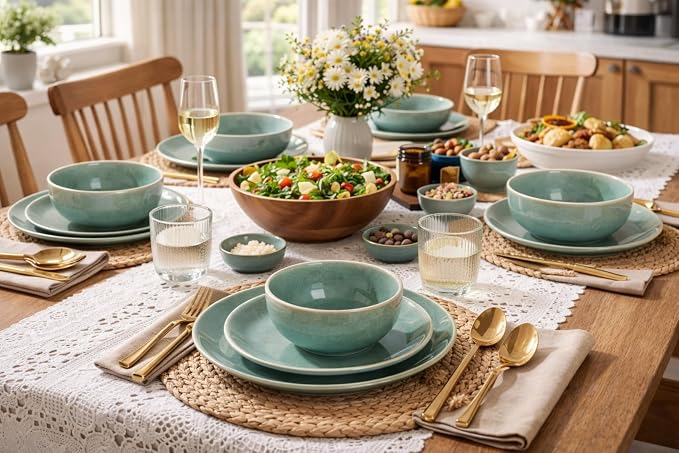 GBHOME Ceramic Dinnerware Sets for 8, 24 Pieces Stoneware Plates and Bowls Sets, Reactive Glaze Dish set -Scratch Resistant, Dishwasher&Microwave Safe-Malachite Green