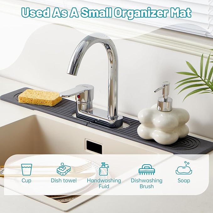 Stone Faucet Mat for Kitchen Sink with Oval Hole – 23.6" × 3.9" Diatomite Drying Stone Mat & Sink Protector, Quick-Dry Splash Guard Water-Absorbing Tray for Bathroom Counter（Dark Gray.23.6" x 3.9"）