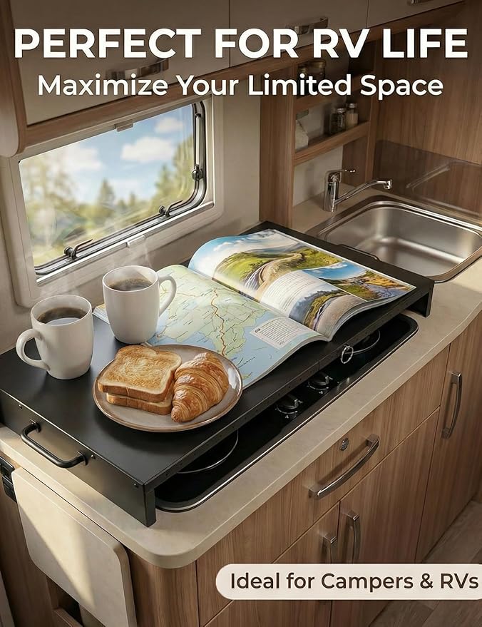 Expandable Gas Stove Top Cover for Gas Ranges & Kitchen Sinks, Heavy-Duty Steel Protector Fits RV, Camper & Small Kitchens, Instantly Add Counter Space(15.75" - 28.74"L x 11.81"W x 3.15"H)
