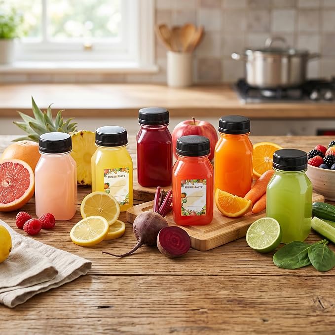 TOMNK 80pcs Juice Bottles with Caps, 4oz Plastic Containers with Lids Empty Reusable Clear Ginger Shots Bottles with Label, Funnel, and Brush Beverage for Juicing, Smoothies, Drinking, Fridge