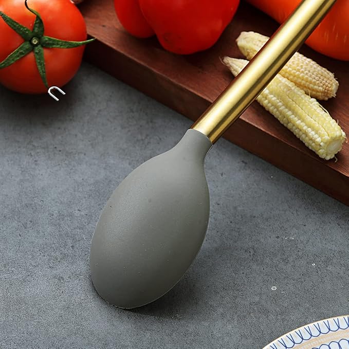 Berglander Non-stick Silicone Solid Serving Spoon, Titanium Gold Plating handle, Basting Spoon, Dishwasher Safe, Easy to Clean