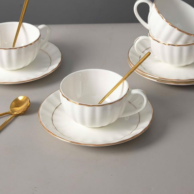 Bone China Tea Cups and Saucers Set (6 oz, Set of 4) – White Luxury Fine Porcelain Mugs for Tea, Coffee, Latte Art, Barista Use, Elegant Gifting