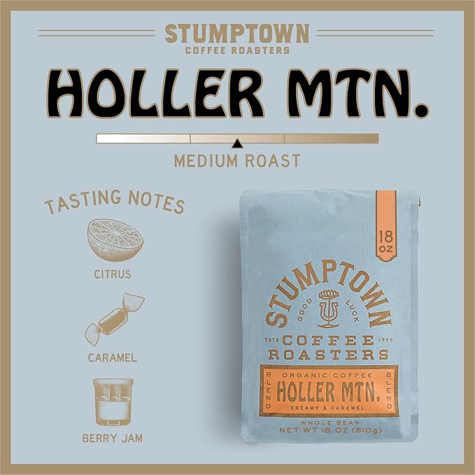 Stumptown Coffee Roasters, Medium Roast Organic Whole Bean Coffee - Holler Mountain 18 Ounce Bag with Flavor Notes of Citrus Zest, Caramel and Hazelnut (Pack of 2)