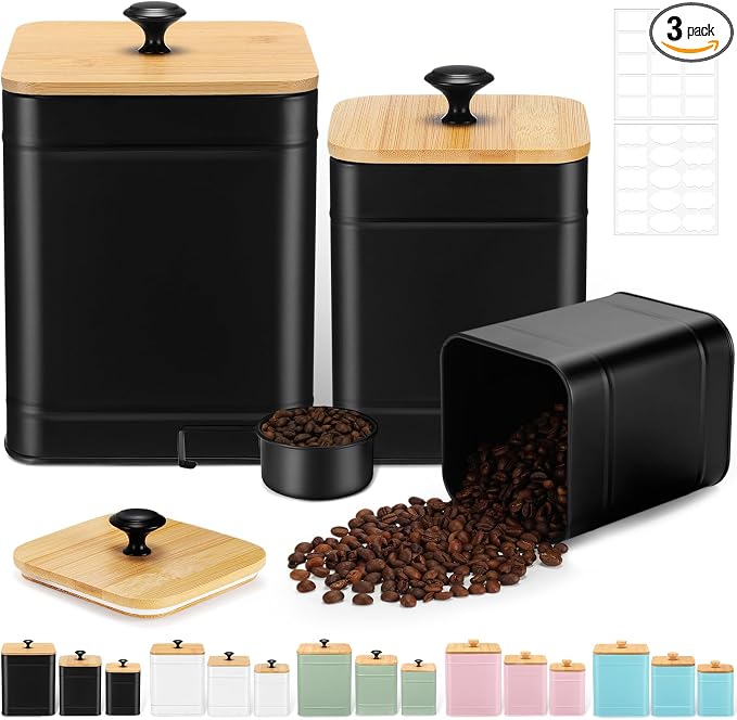 Tioncy Kitchen Canisters for Countertop Set of 3 Metal Canisters Sets with Bamboo Lids Spoon Airtight High Capacity Coffee Tea Sugar Flour Jars with DIY Labels Farmhouse Food Storage(Black,L,M,S)