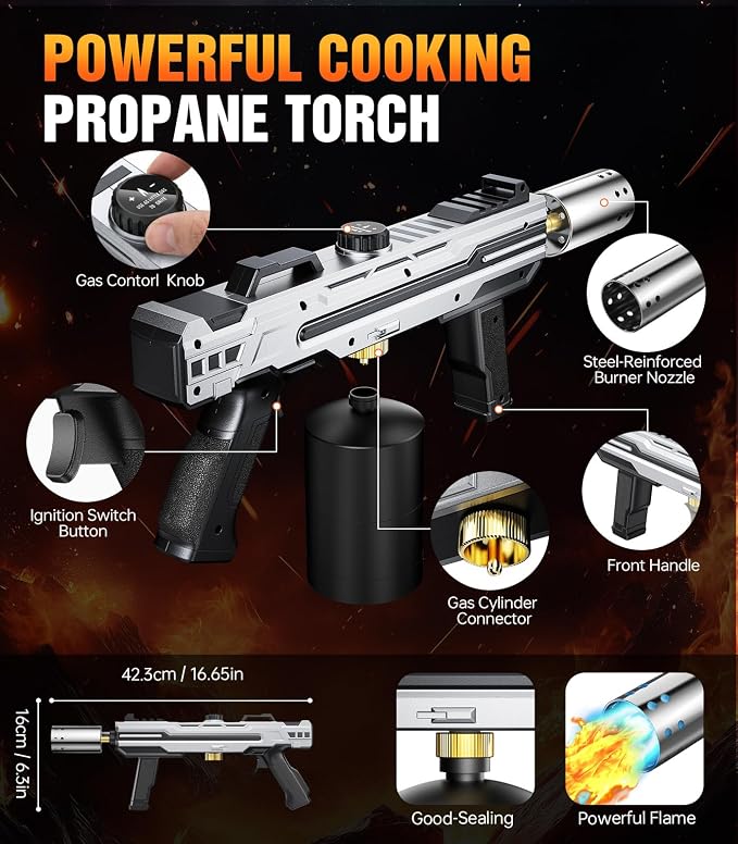 Powerful Propane Torch Gun, Kitchen cooking Torch lighter with Adjustable Flame, Flame Thrower Gun Butane Torch for Searing Steak, BBQ, Campfire, Fireplace (Tank Not Included)(Grey)