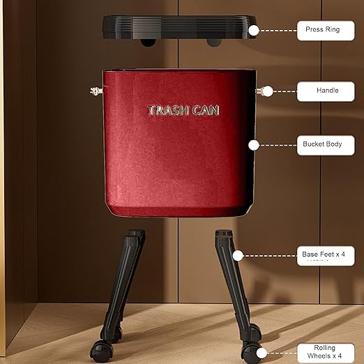 Tall Trash Can with Wheels, 15L Large Capacity Narrow Garbage Can with Elevated Legs, Trash Bin for Kitchen Bathroom Living Room Office (Red)