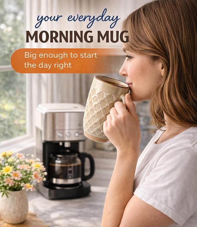 GBhome 20oz Large Coffee Mugs Set of 6, Handmade Tall Ceramic Coffee Mugs with Texture Patterns for Cappuccino, Latte,Hot Cocoa, Dishwasher & Microwave Safe-Pale Khaki