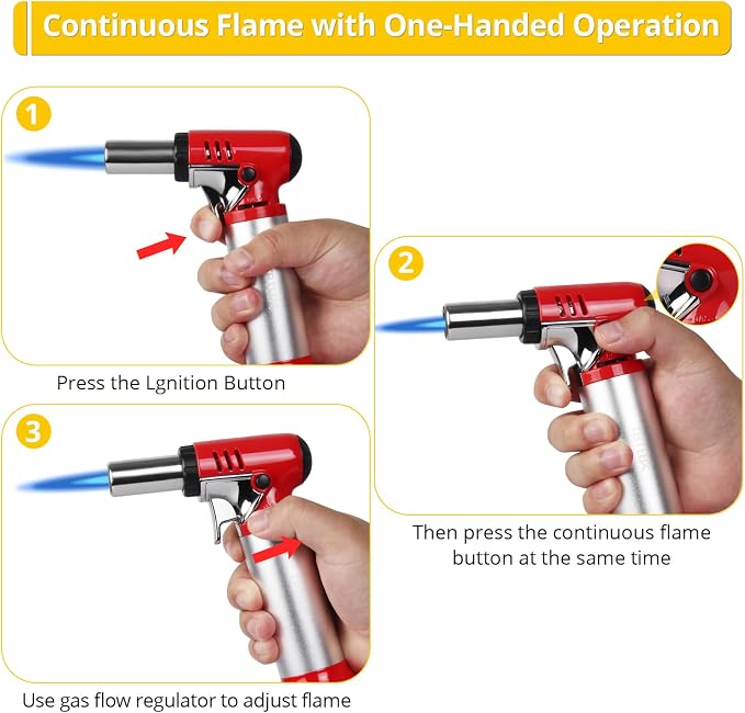 TBTeek Butane Torch with Fuel Gauge T907, One-hand Operation Kitchen Torch Lighter with Adjustable Flame for BBQ, Baking, Brulee Creme, Crafts and Soldering(Butane Gas Not Included), Red