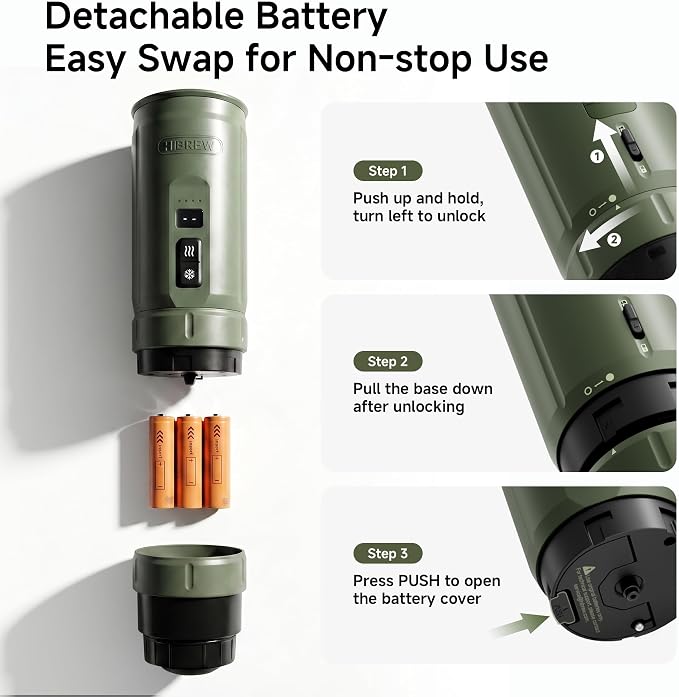 HIBREW H4C Explorer - Portable Electric Espresso Machine, USB-C Rechargeable Coffee Machine for Camping and Travel, Compact for Capsules & Ground Coffee, with Foldable Holder & Carrying Case (Green)
