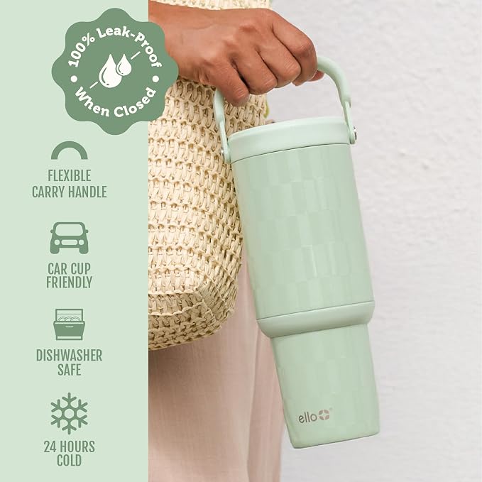 Ello Oasis Go+ 26oz Tumbler with Top Handle and Retracting Straw | Reusable Insulated Stainless Steel Cup, 100% Leakproof Water Bottle, 24 Hours Cold, Cup Holder Friendly For Travel | Jadeglow
