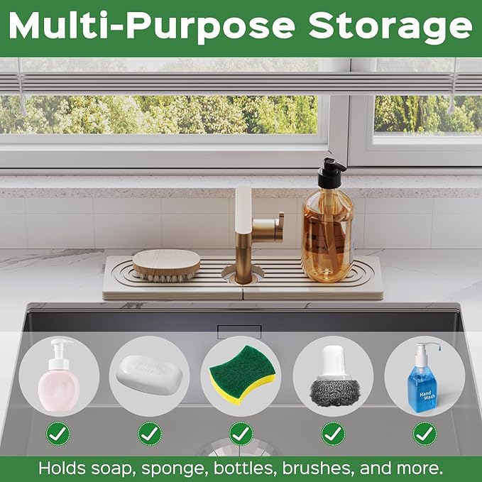 16 Inch Stone Faucet Mat for Kitchen Sink Splash Guard - Diatomite Quick Dry Stone Mat Kitchen Sink Protectors, Water-Absorbent Faucet Handle Drip Catcher Tray with Drainage (White, 15.7" x 3.9")