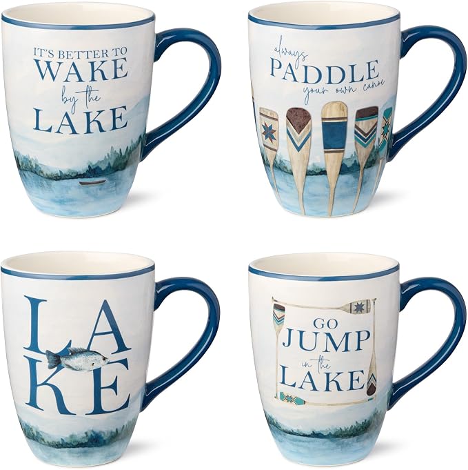 Wake at the Lake 14-Ounce JUMBO Mugs, Set of 4, Lakeside-Inspired Designs with Oars & Water Scenes, Durable Ceramic, Dishwasher & Microwave Safe, Cozy Coffee & Tea Cups for Everyday Use