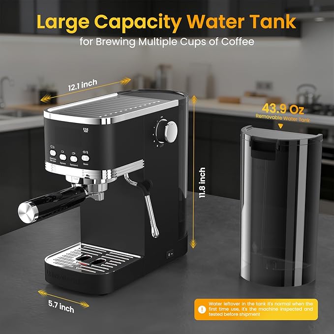 Espresso Machine 20 Bar Temperature Time LED Display Espresso Maker with Adjustable Extraction Temperature Stainless Steel Coffee Machine with Powerful Steam Wand for Cappuccino Latte,Black
