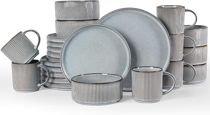 Famiware Star 24-Piece Stoneware Dinnerware Sets, Service for 6 - Reactive Glaze Mugs, Plates and Bowls, Dishes for Everyday & Formal Use, Chip/Scratch Resistant, Microwave/Dishwasher Safe, Smoky Blue