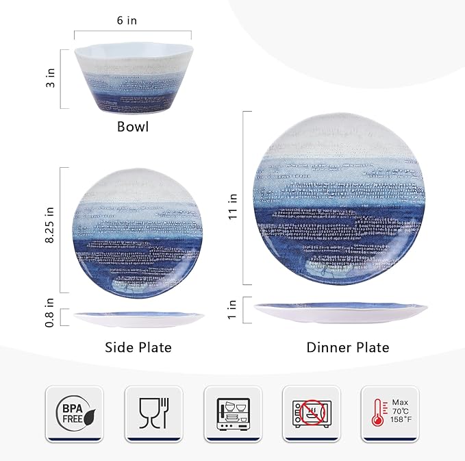 12PCS Melamine Dishes Set Blue, Nautical Plates and Bowls Sets for 4,Lightweight,Durable and Stackable for Camping, RV, Picnic and Outdoor Dining