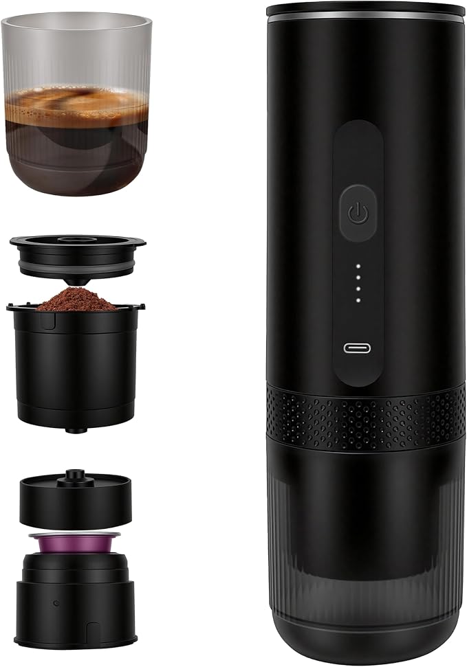 Portable Coffee Maker Electric Espresso Machine, Coffee Espresso Maker for Travel Self-Heating USB-C, Battery Powered with 7800mAh, for Ground Coffee & NS Capsule, for RV, Hiking, Office,Gifts for Men