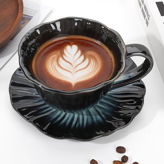 Cappuccino Cup with Saucer Set,Ceramic Latte Cup,Espresso Coffee Tea Mug for Home Kitchen Office Coffee Bar (Blue)