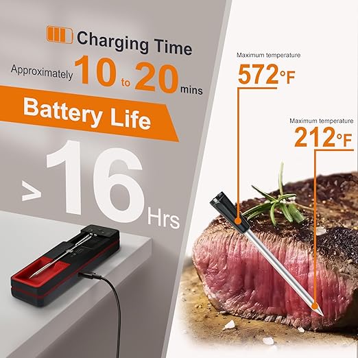 Meat Thermometer, Digital Bluetooth 500FT Wireless, Probe Lasts Up to 16 Hours, Dishwasher Safe, for BBQ/Oven/Grill/Kitchen/Smoker/Outside