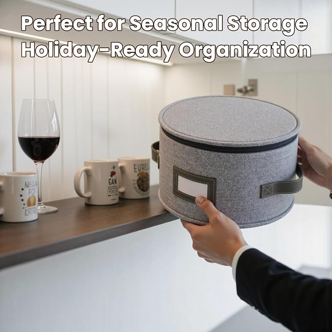 HOMELUX THEORY Coffee Mug Storage with Dividers, Light Gray Hard Shell China Storage Containers, Kitchen Storage Bins With Lids, Heavy Duty Moving Box for Packing Glassware, Stemware & Glassware