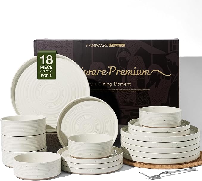 Stoneware Dinnerware Sets for 6, 18-Piece High Edge Plates and Bowls with Speckled Glaze & Spiral Design - Chip & Scratch Resistant, Microwave & Dishwasher Safe - Gift Box, Cream