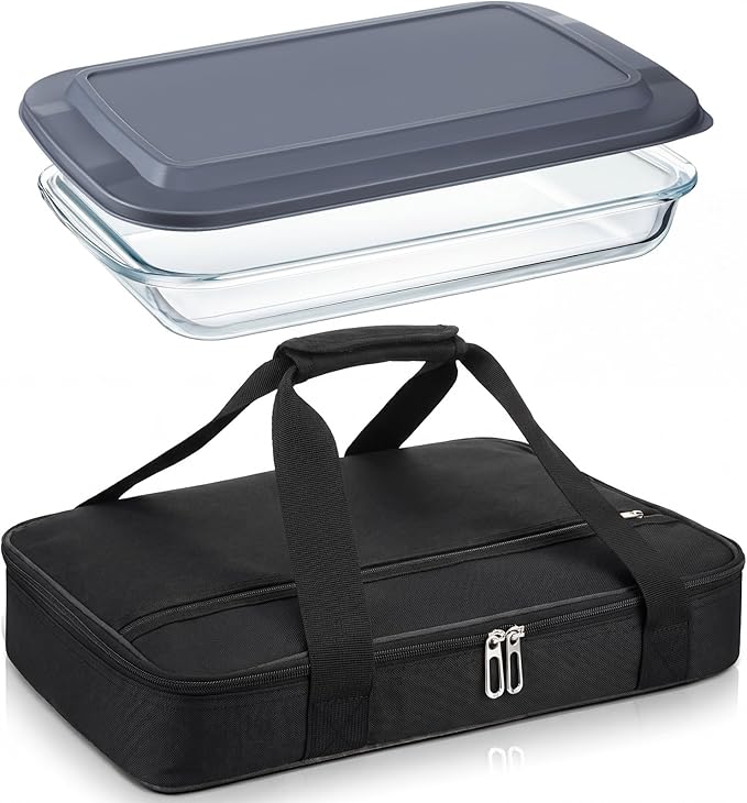 FoldTier Glass Baking Dish with Lid Glass Casserole with Carrier 9 x 13 Inch Insulated Bag for Hot or Cold Food Deep Casserole Dish for Oven Potluck Party Picnic Cookouts (Black)