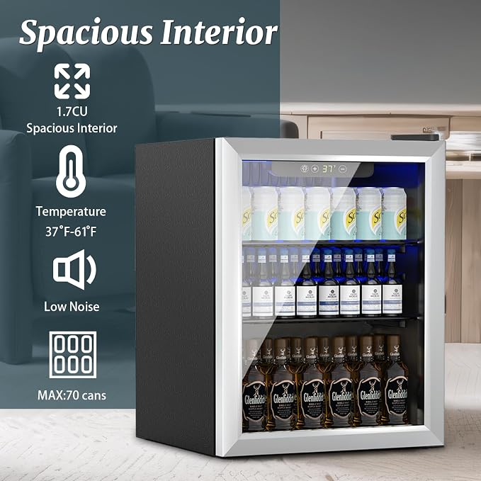 Compact 70 Can/1.7Cu.Ft Mini Fridge For Soda, Beer Or Wine, Portable Small Beverage Refrigerator With Digital Display&Removable Shelves &Reversible Glass Front Door For Office, Dorm, Bar