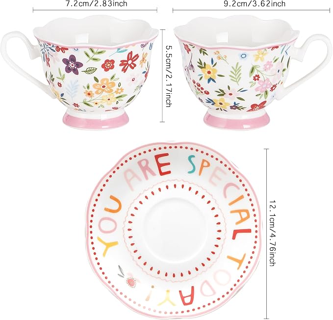 3oz Small Tea Cups & Saucers Set of 6, Floral Espresso Cups With Scalloped Edge, Ceramic Demitasse Cup for Coffee, Latte, Espresso Shot Mug for Espresso Machine, Women Gifts for Mother's Day, Birthday