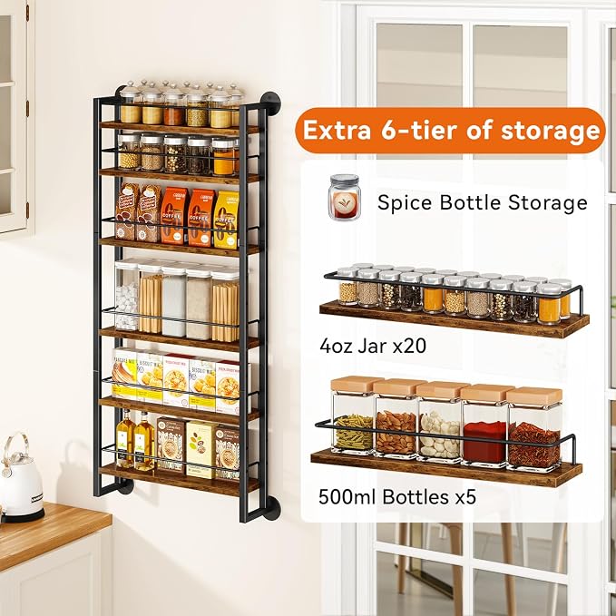 IBUYKE 6 Tier Over The Door Pantry Organizer,Wall Mounted Spice Rack,Door Hanging or Wall,Adjustable Hanging Storage Shelves,Spice Organization for Kitchen cabinet,Bathroom,Closet,Brown UTLJ028H