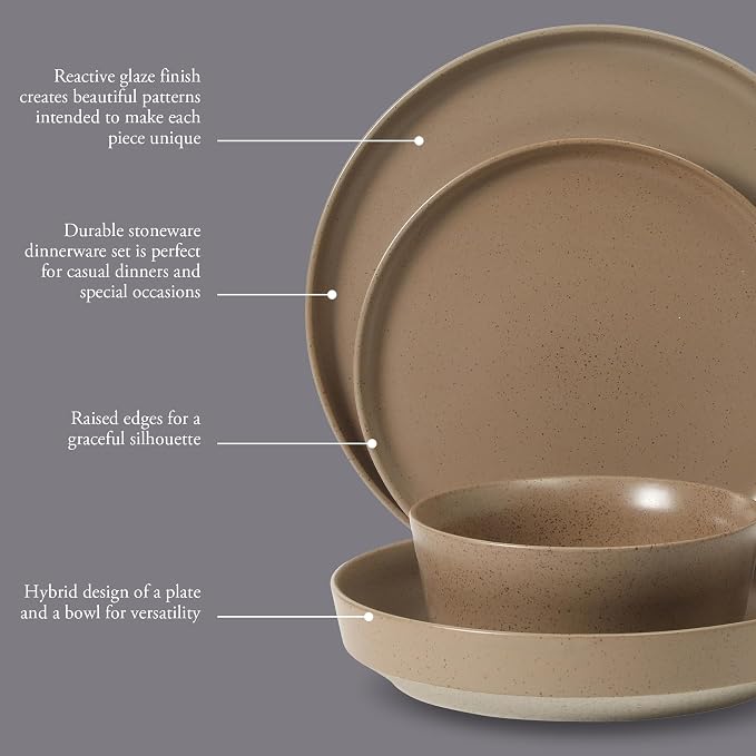 Gibson Elite Overbrook 16-Piece Pottery Clay Stoneware Dinnerware Set – Terraccotta Brown Reactive Glaze, Stackable Plates and Bowls w/Pasta Bowl, Service for 4 – Microwave & Dishwasher Safe