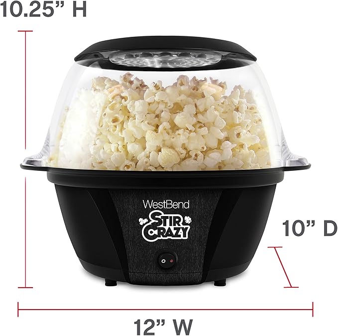 West Bend 82707B Stir Crazy Hot Oil Popcorn Popper, Popcorn Maker Machine with Large Serving Bowl Lid and Stirring Rod, 6 Qt, Black