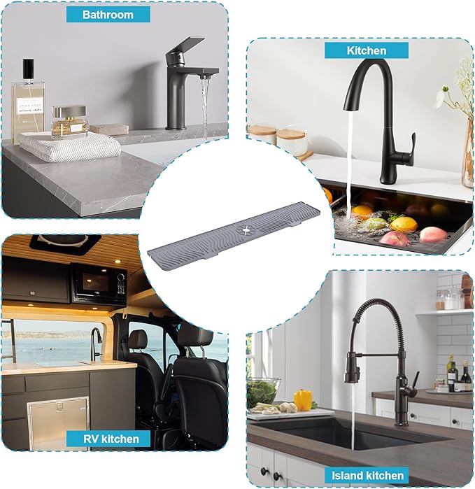 Derlights 33 inch Sink Splash Guard Mat, Silicone Faucet Handle Drip Catcher Tray, Longer Silicone Sink Mat for KitchenBathroom, Drip Protector Splash Countertop (Gray)