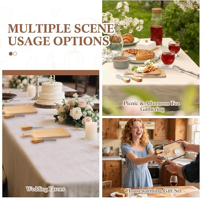 Ziliny 1 Set Bridal Baby Shower Cheese Prizes Wooden Square Board Gift Set Knives Forks Thank You Tags with Box for Guests for Valentines Bridal Baby Shower Housewarming (Maple Wood)
