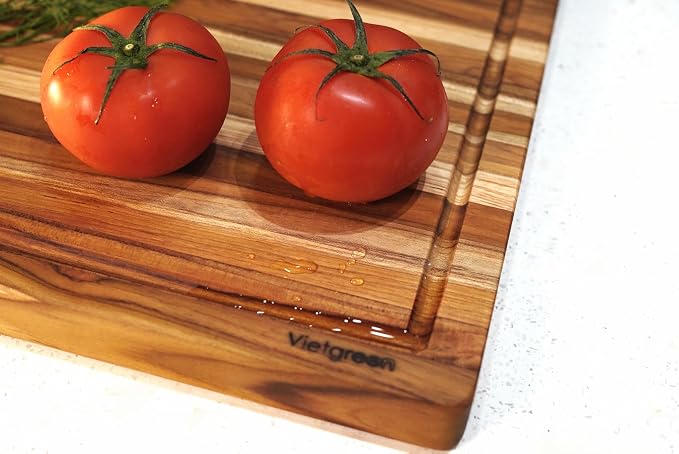 Teak Wood Cutting Boards for Kitchen, [24" x 18" x 1.5"] Extra Large Wooden Cutting Boards, Knife Friendly Butcher Block Cutting Board with Deep Juice Grooves and Built in Handle