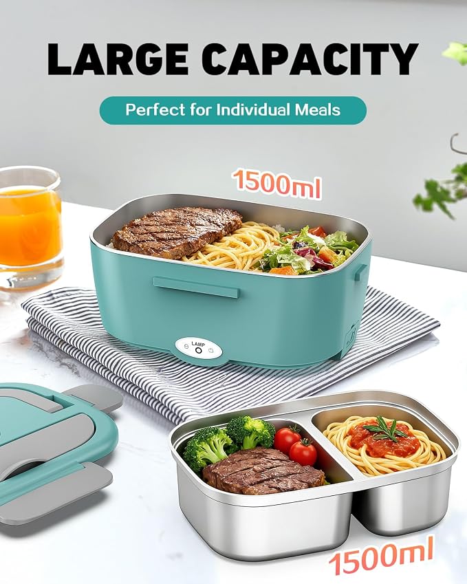 80W Electric Lunch Box Food Warmer for Car/Truck/Office, 110V/24V/12V Portable Heated Lunch Box for Adults, Dual 1.5L Stainless Steel Containers, Leak-Proof & Fast Heating, 3-in-1 Design