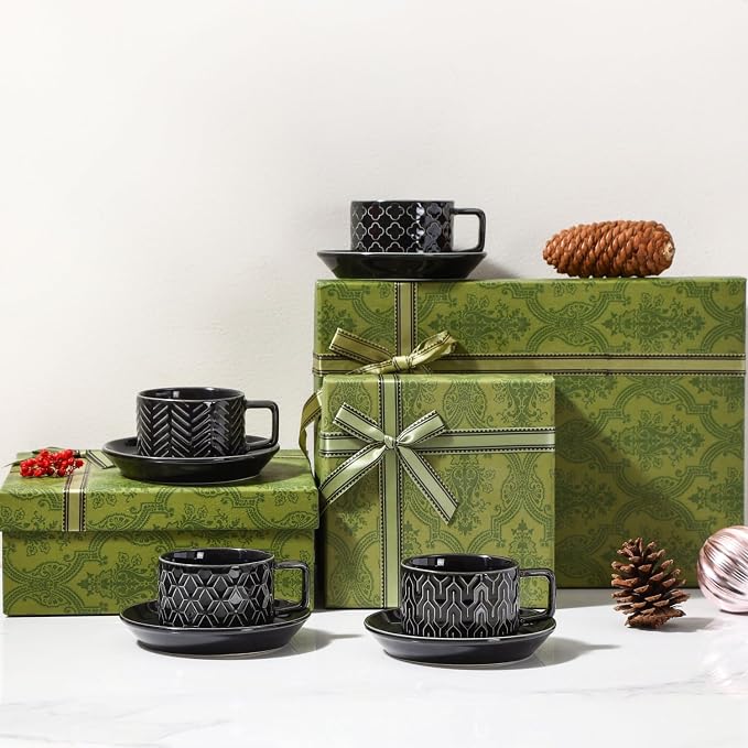 Sureasy 4 Ounce Ceramic Espresso Cups Set of 4 - Stackable Demitasse Cups with Saucers & Metal Stand, Coffee Cups for Latte, Tea, Dishwasher & Oven Safe, Black