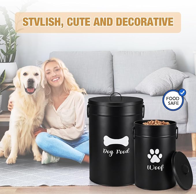 DoubleFill Extra Large 30+14 lb Metal Dog Food Storage Containers Set of 2 Black Airtight Dog Treat Snack Jars with Lids and Spoon Farm House Style Big Pet Cookie Storage Bin for Kitchen Counter Gift