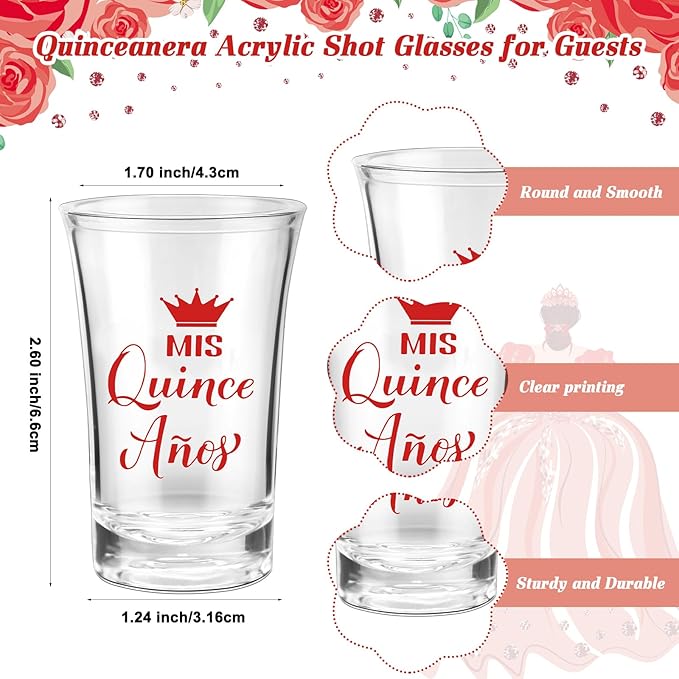 Havawish 25 Sets Quinceanera Party Favors for Guests Quinceanera Acrylic Clear Personalized Shot Glasses Thank You Cards with Organza Bags Mis Xv Años Sweet 15 Birthday Party Favors (Red)