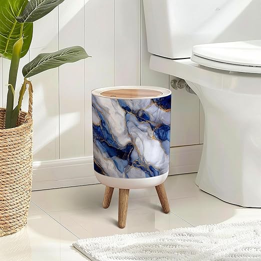 Trash Can with Lid abstract marble texture featuring rich navy blue white gray tones Press Top Round Small Garbage Bin with Wooden Legs Waste Basket for Kitchen Bedroom Nursery 7L/1.8 Gallon
