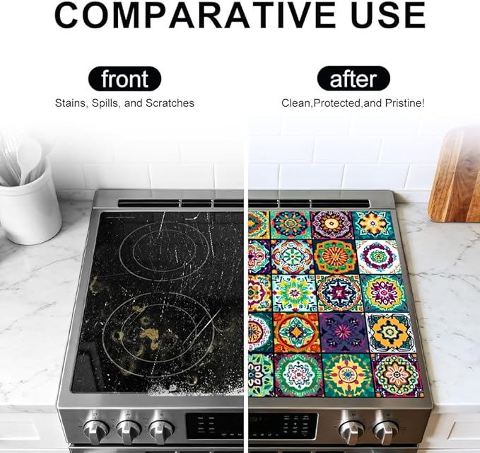 Stove Top Cover for Electric Stove 28.35 x 20.47 Inch Non Slip Stove Mat Colorful Mosaic Tile Glass Cooktop Protector Kitchen Counter Mat
