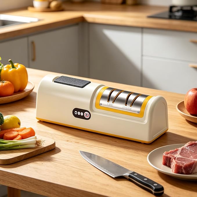 3 Stage Electric Knife Sharpener 2 Speed, Coarse & Fine Slots with Extra Fine Honing Stone on Handle, 20° Precision Angle Guide, Rechargeable Cordless Battery & Plug-in for Chef Knives