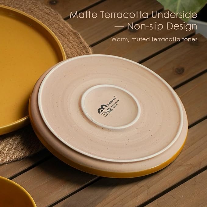 12 Pieces Farmhouse Stoneware Dinnerware Sets, Speckled Ceramic Plates and Bowls Set, Matte Terracotta Underside Ceramic Dishes Set for 4, Scratch Resistant Microwave & Dishwasher Safe (Ginger Gold)