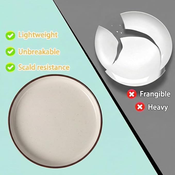 12 Piece Melamine Dinnerware Sets for 4, White Base with Speckles,Modern Plates and Bowls Sets, Lightweight Shatterproof Durable Dishware for Camping Picnic Party(White with Dark Brown Rim)