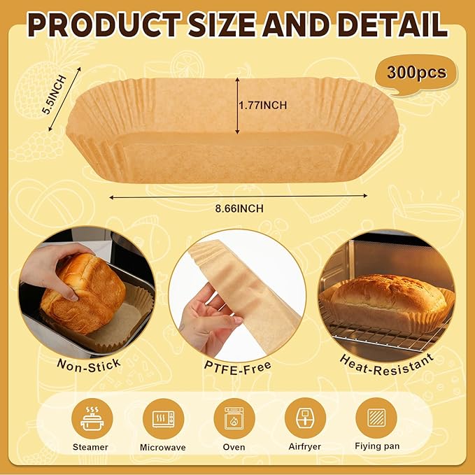 300 Pcs Air Fryer Liners Disposable Parchment Baking Paper Liner Rectangle Non-stick Accessories for Loaf Pan, Air Fryer & Oven, 8.6 x 5.5 Inch, Brown