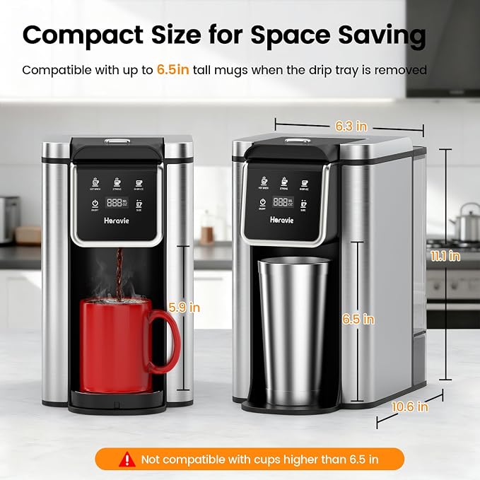 Horavie Single Serve Coffee Maker for K-Cup Pod and Grounds, Hot & Iced Coffee Maker, Strong Button Feature, 6 to 14oz Brew Sizes, 50oz Removable Reservoir, Fit 6.5" Mugs, Stainless Steel, Black
