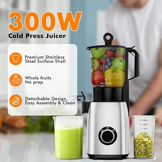 Electactic Cold Press Juicer,With 5.4" Extra Large Feed Chute Fit Whole Fruits & Vegetables,High Juice Yield,Easily Detachable Parts Design,Easy Assemble & Cleaning