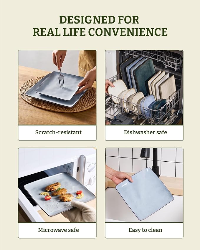 Famiware Stoneware Dinnerware Sets for 8, Ocean Square 24-Piece Kitchen Plates and Bowls Sets, Microwave and Dishwasher Safe, Scratch Resistant, Grey