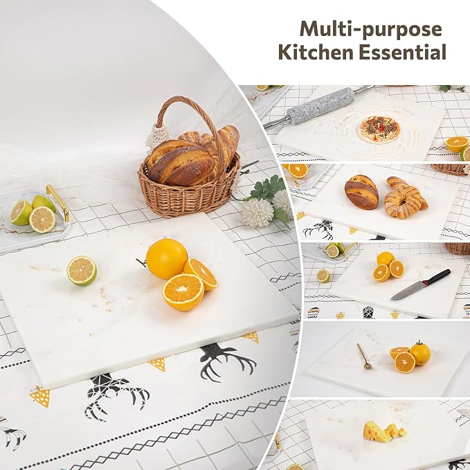 Natural Marble Cutting Board for Kitchen, 16 x 20 Inch White Marble Slab Pastry Board With Non-Slip Feet for Baking, Cheese, Charcuterie, Chocolate, Ares Gold
