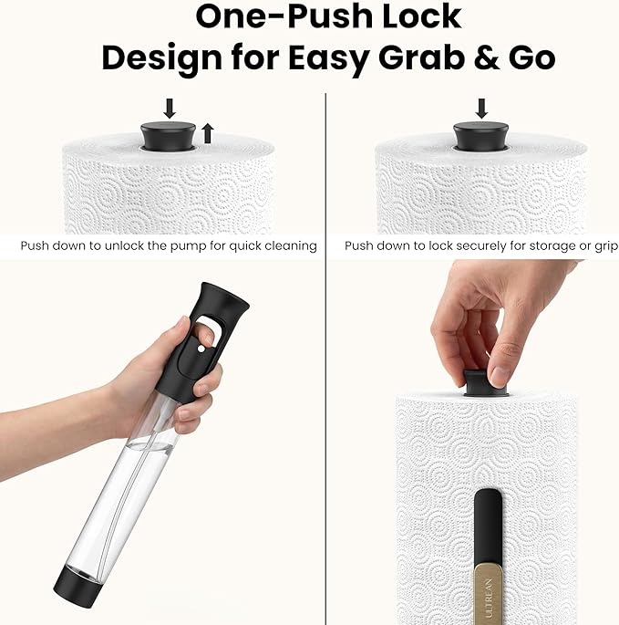 Ultrean Paper Towel Holder with Spray Bottle, Countertop Freestanding Paper Towel Dispenser with Spring-Loaded Tension Arm for One-Handed Tear, Weighted Non-Slip Base, Stainless Steel for Kitchen,Gold