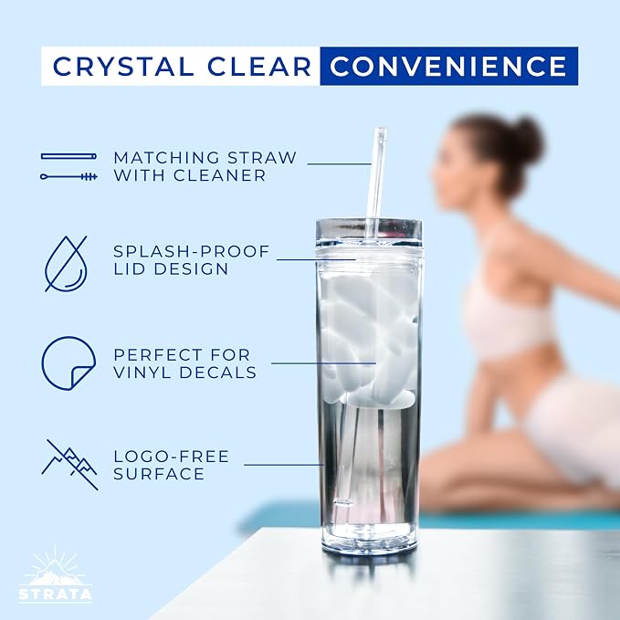 STRATA CUPS 12 Clear Skinny Tumblers with Lids and Straws | 16oz Reusable Cup Double-Wall Clear Tumbler with Lid and Straw, Durable Acrylic Tumblers With FREE Straw Cleaner & Name Tags